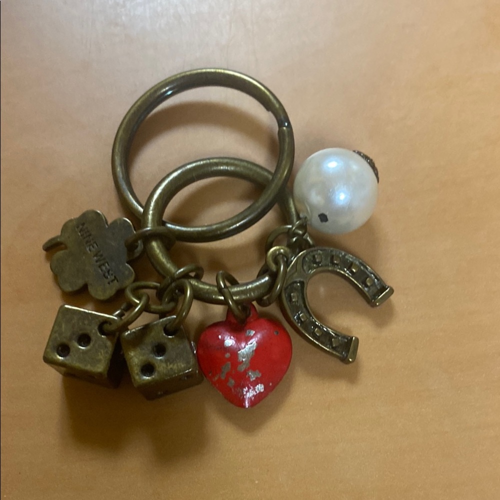 Vintage Charm Keychain with Heart and Dice and Perl
